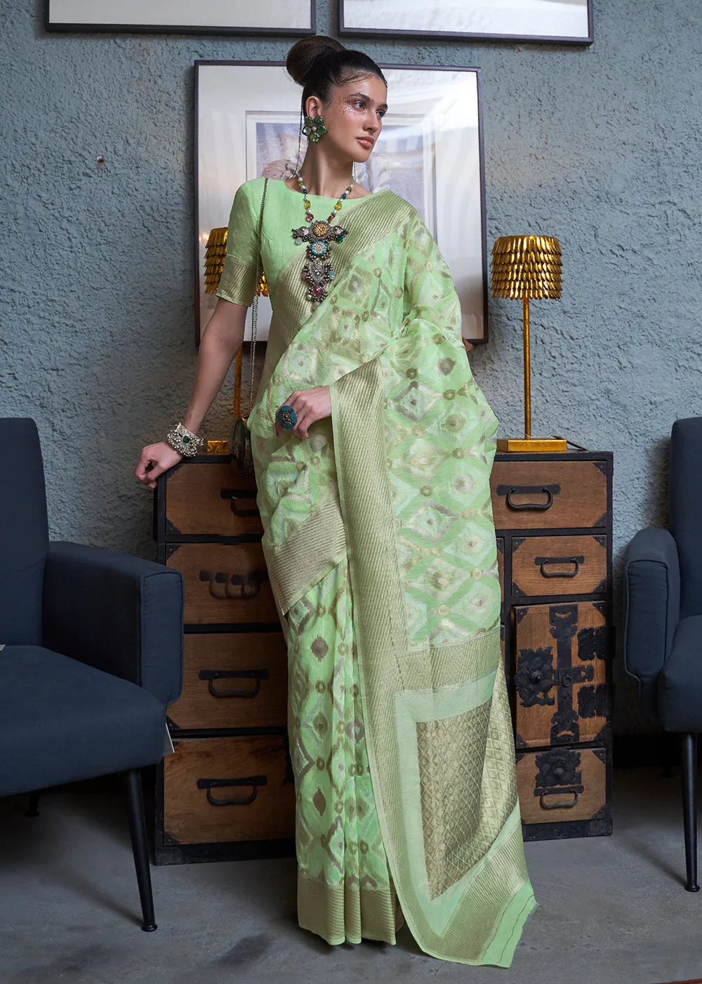 Astonishing Pastel Green Zari Weaving Linen Designer Saree