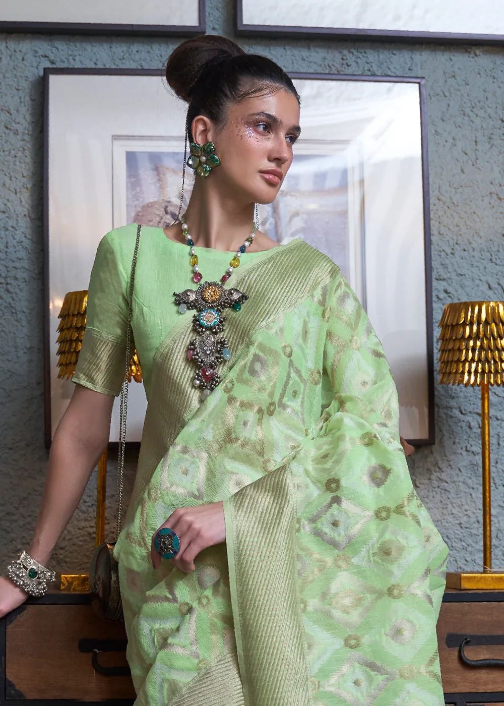 Astonishing Pastel Green Zari Weaving Linen Designer Saree