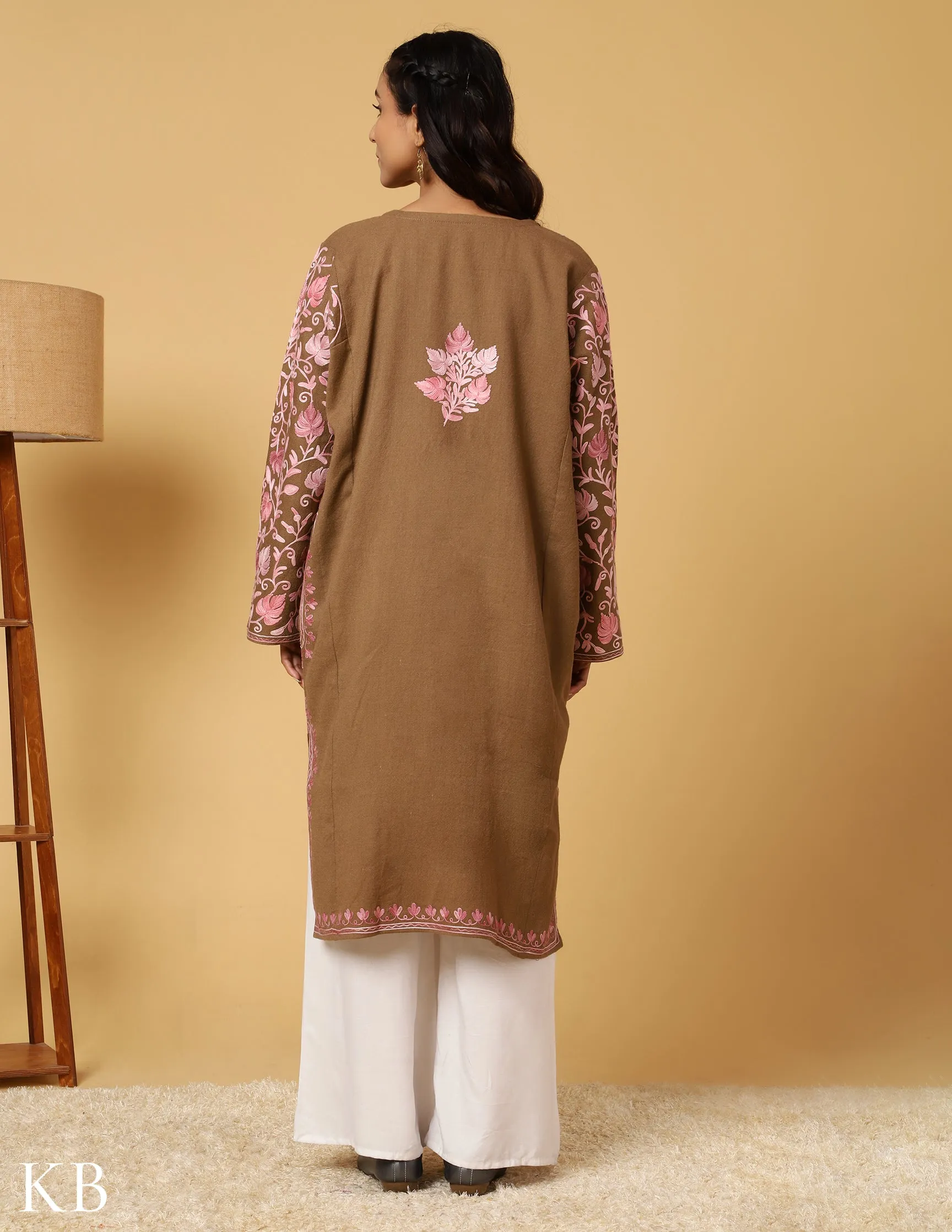 Beige Bliss Aari Embroidered Pure Wool Phiran