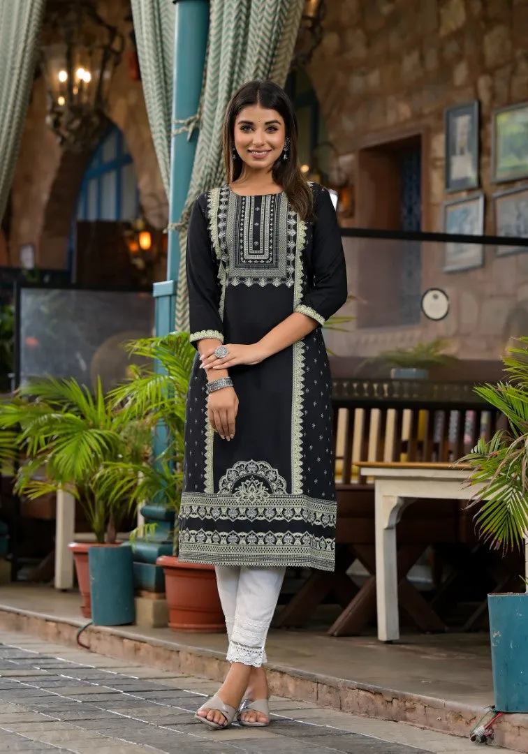 Black Ethnic Motif Printed Rayon Kurta  With Straight Hemline And Buttons