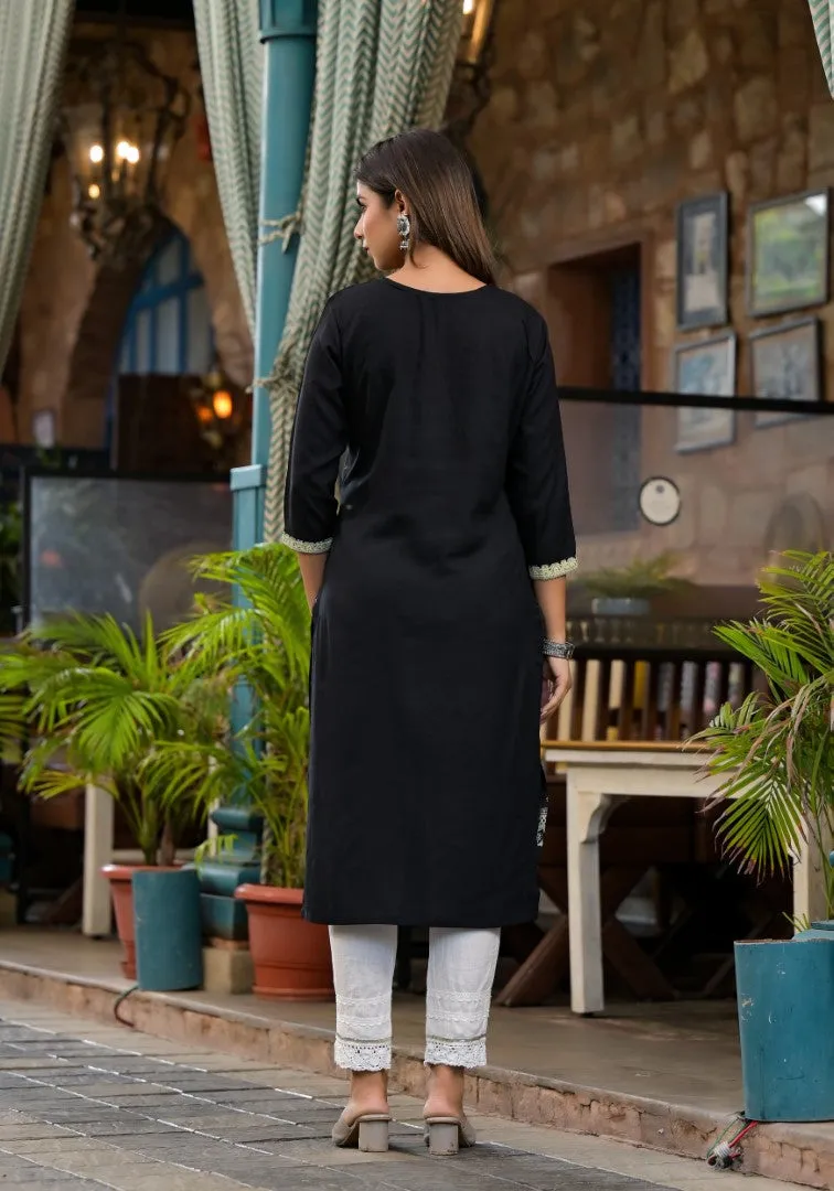 Black Ethnic Motif Printed Rayon Kurta  With Straight Hemline And Buttons