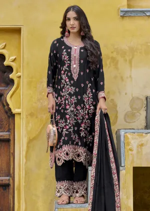 Black Semi Pure Chinnon Wedding Festive Salwar Suit