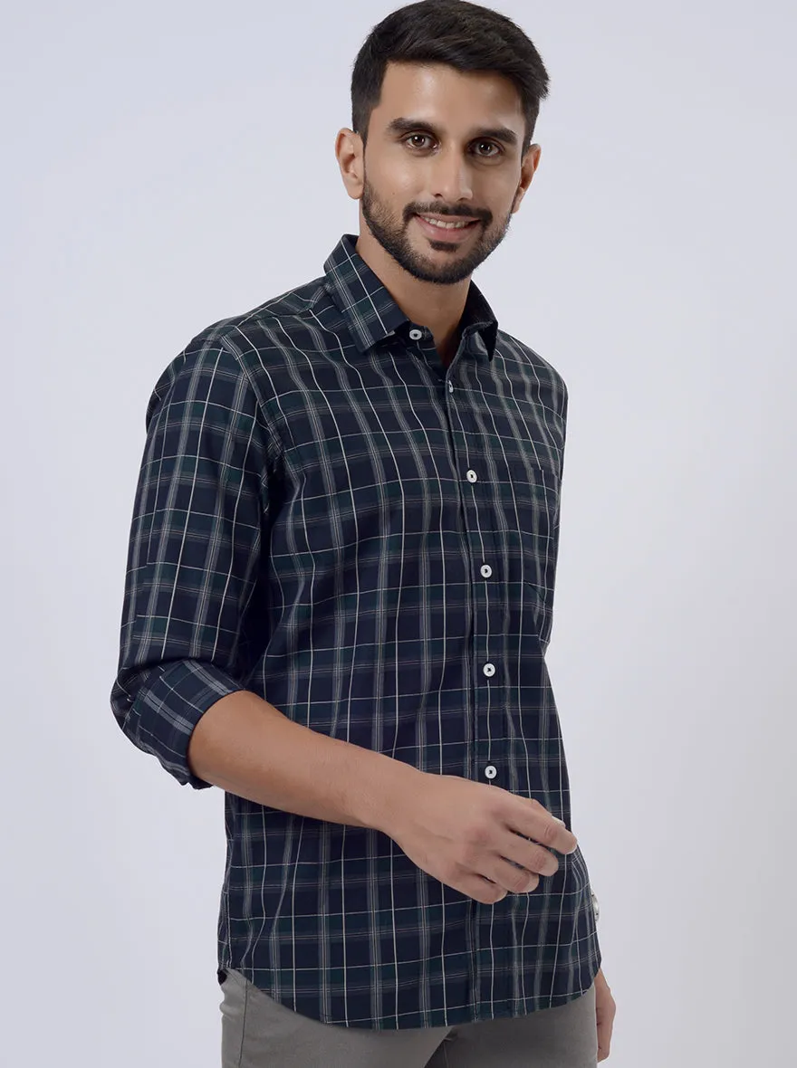 Blue Checked Tailored Fit Semi Casual Shirt | JadeBlue