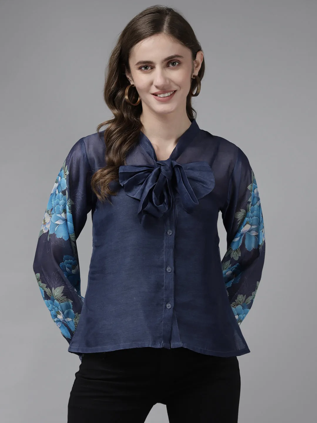 Blue Printed Sleeve Front Open Top