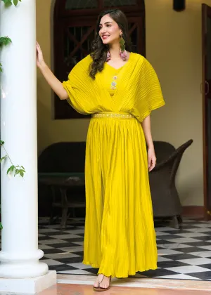 Bright Yellow Chinon Party Wear Crushed Gown