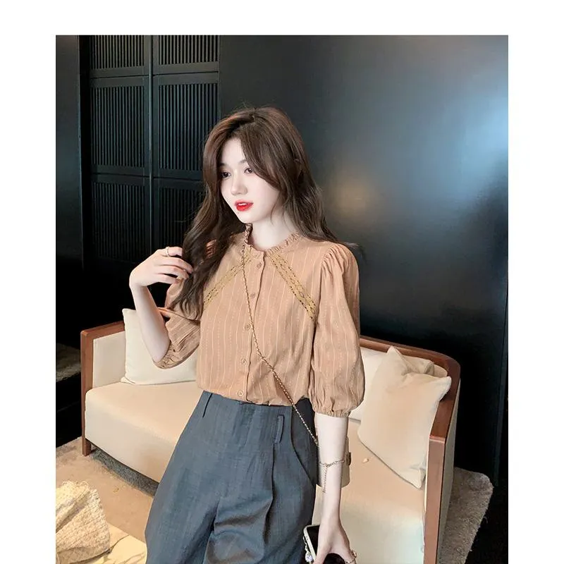 Bubble Sleeve Lace Stand-Up Collar Patchwork Stripe Blouse