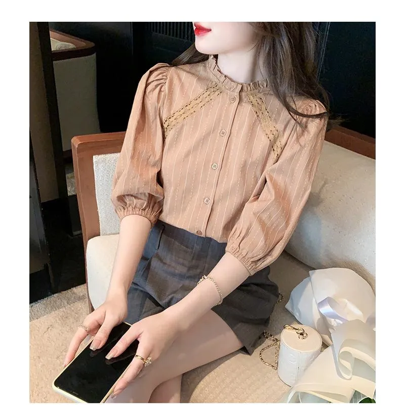 Bubble Sleeve Lace Stand-Up Collar Patchwork Stripe Blouse