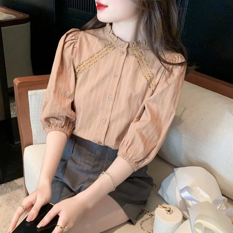 Bubble Sleeve Lace Stand-Up Collar Patchwork Stripe Blouse