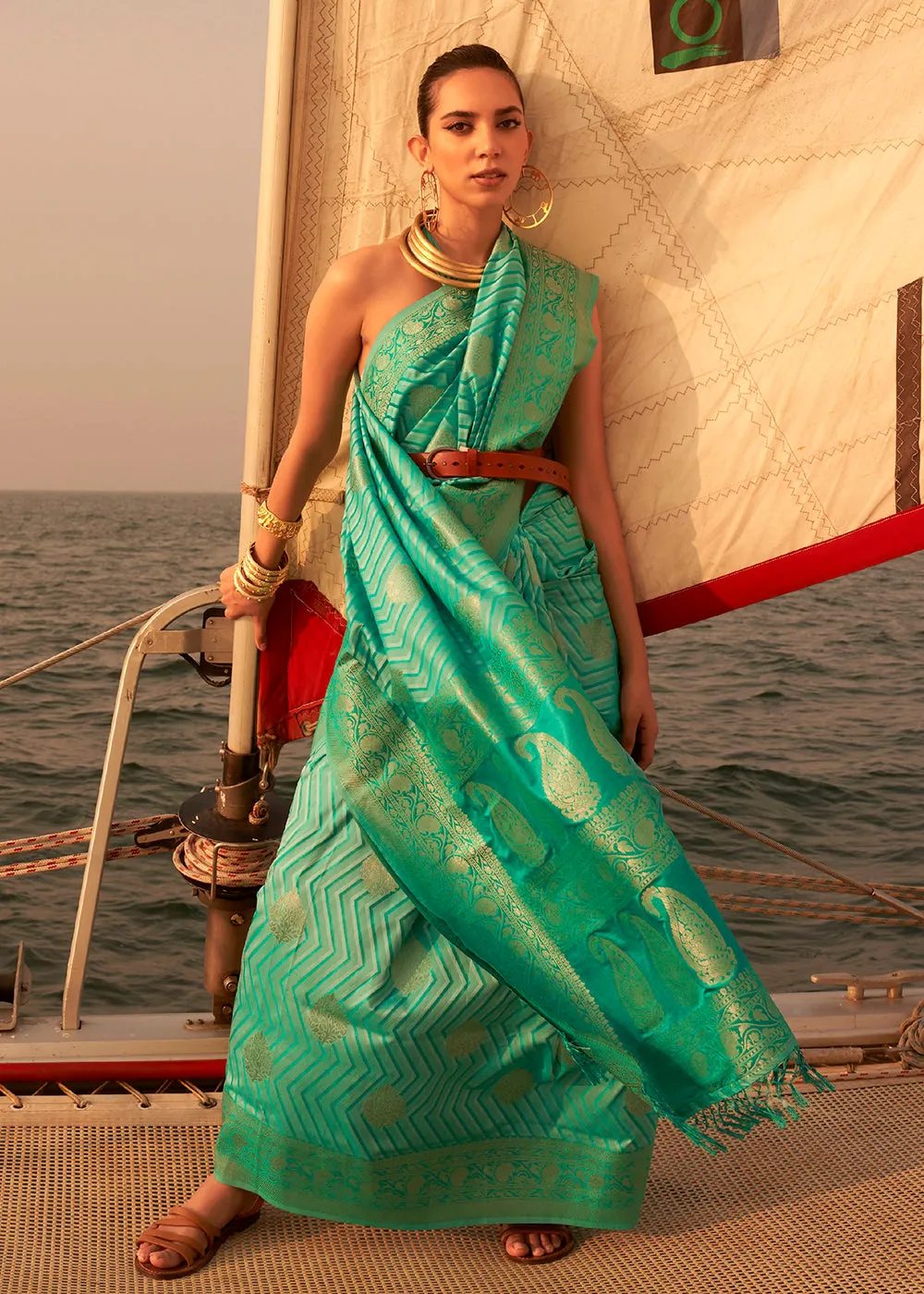 Captivating Sea-Green Pure Satin Silk Two Tone Weaving Saree