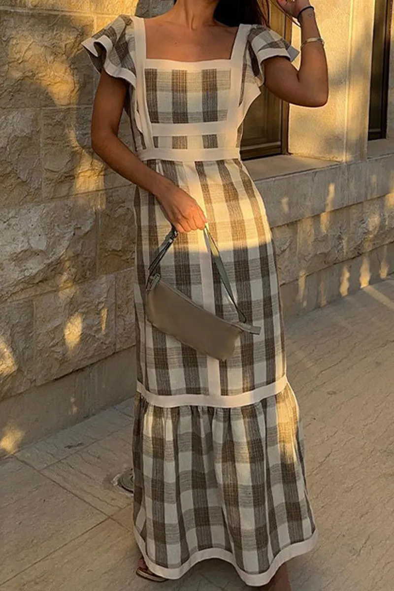 Casual Elegant Plaid Patchwork Flounce Square Collar A Line Dresses