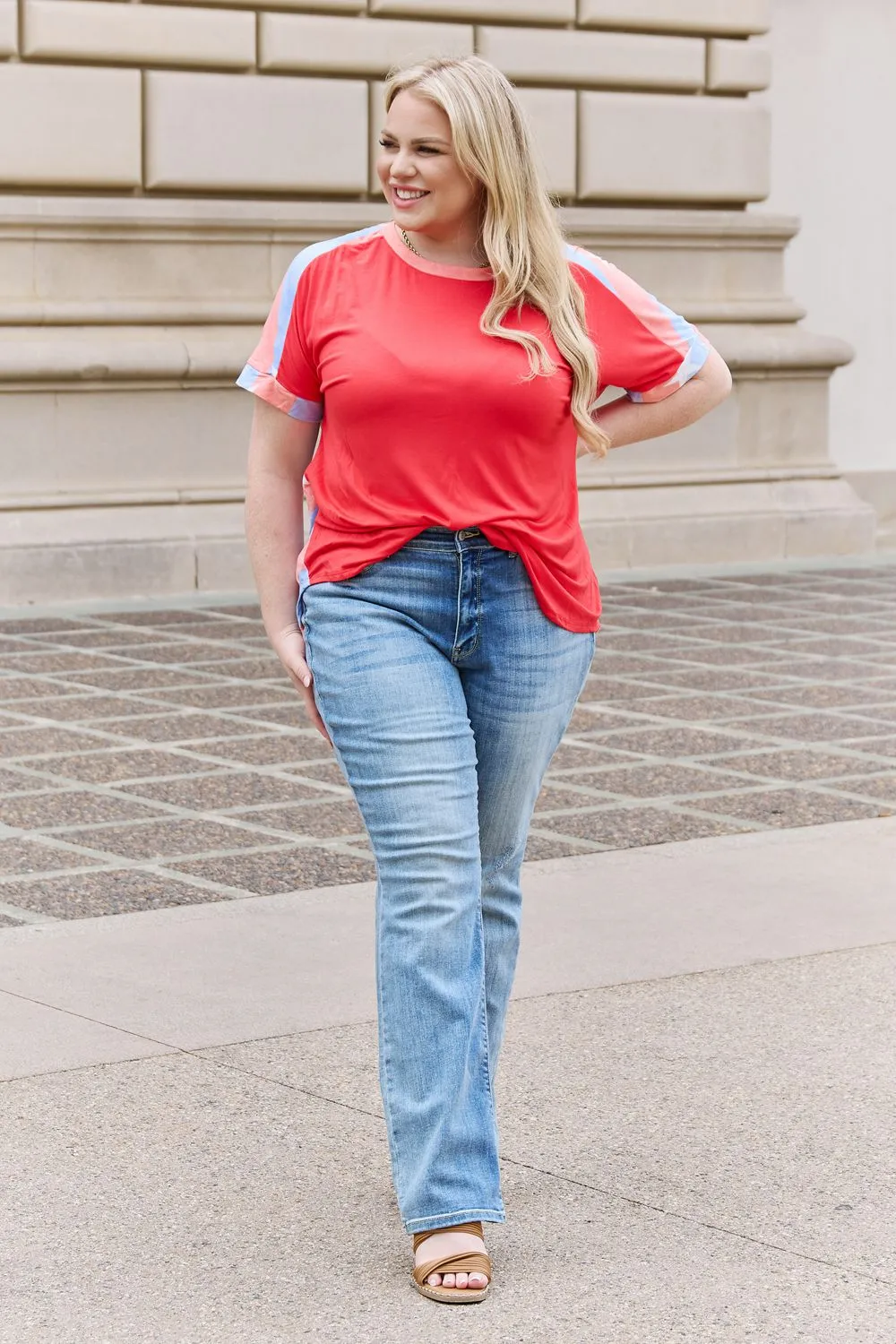 Celeste Party In The Back Full Size Stripe Contrast Short Sleeve Top