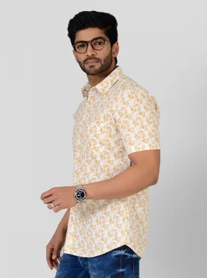 Custard Yellow & White Printed Slim Fit Casual Shirt | JadeBlue