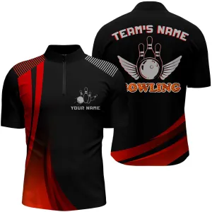 Custom Bowling Shirt for Men, Red & Black Bowling Jersey with Name League Bowling Quarter-Zip Shirt