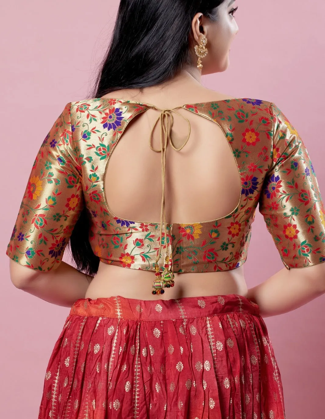 Dazzling Gold Multi Padded Back Open Blouse With Floral Design For Women