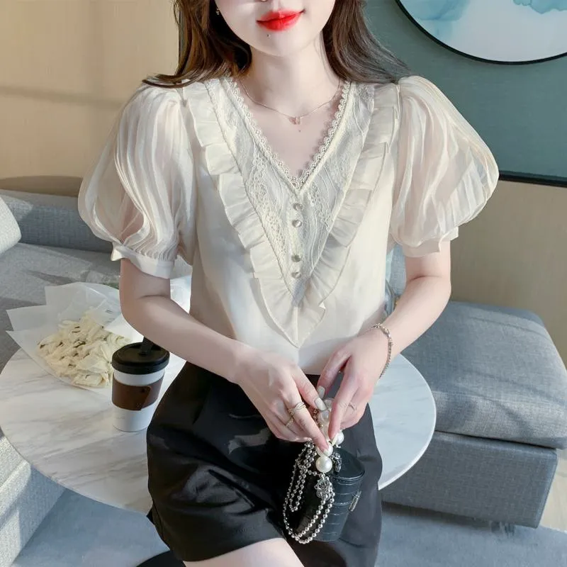 Fairy Bubble Sleeve V-Neck Chiffon Blouse