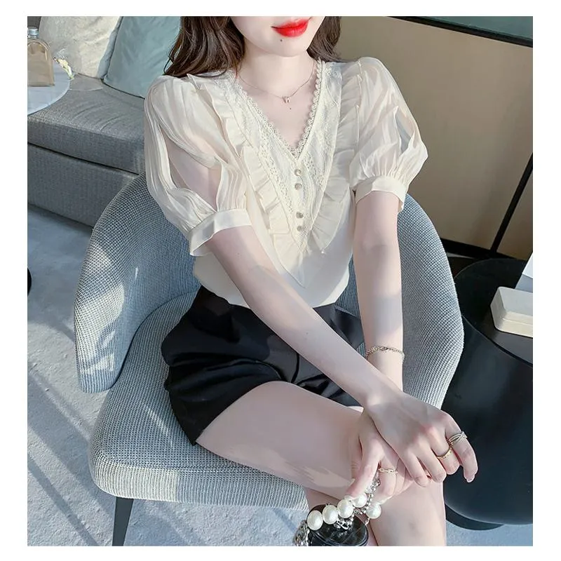 Fairy Bubble Sleeve V-Neck Chiffon Blouse