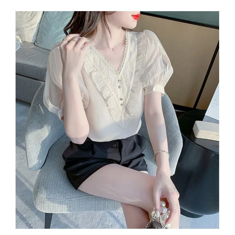 Fairy Bubble Sleeve V-Neck Chiffon Blouse