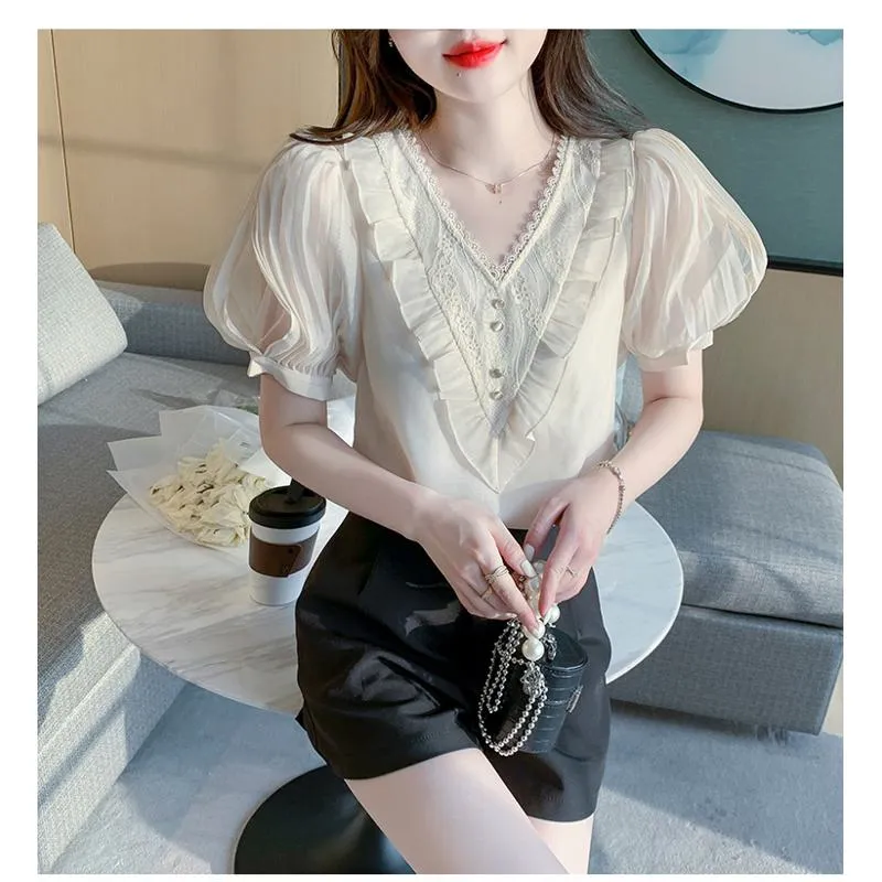 Fairy Bubble Sleeve V-Neck Chiffon Blouse