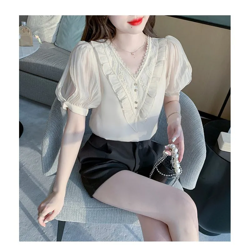 Fairy Bubble Sleeve V-Neck Chiffon Blouse