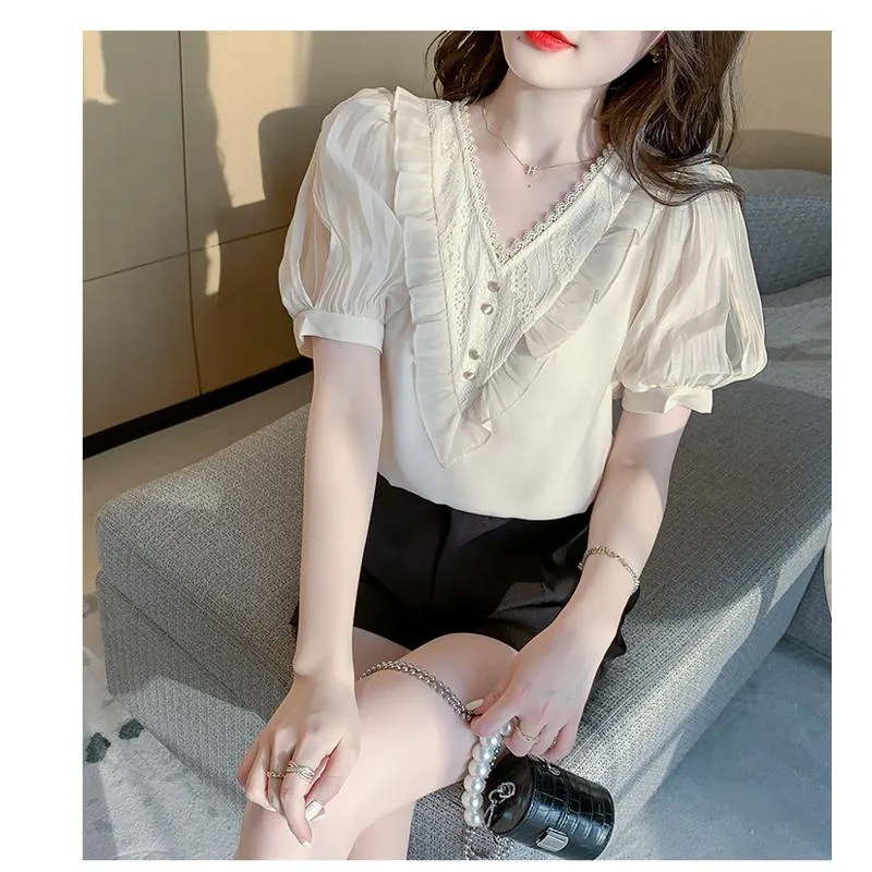 Fairy Bubble Sleeve V-Neck Chiffon Blouse