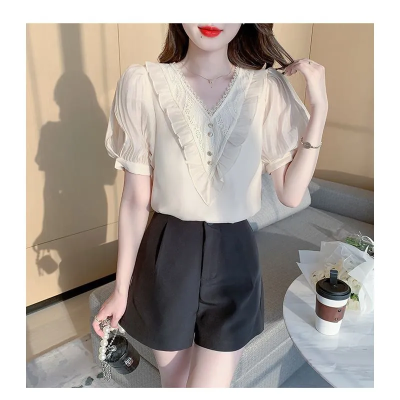 Fairy Bubble Sleeve V-Neck Chiffon Blouse