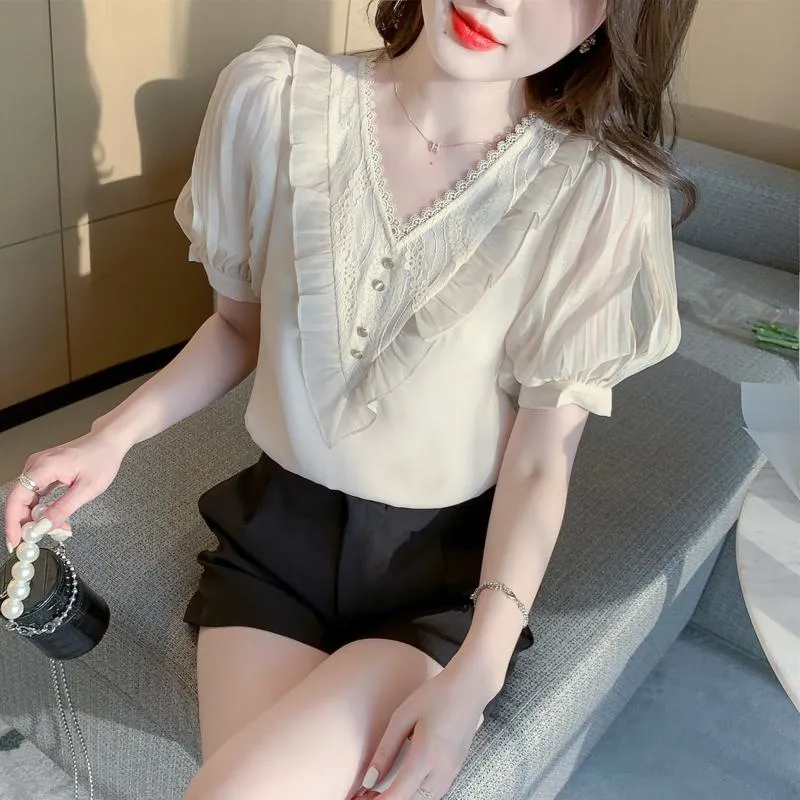 Fairy Bubble Sleeve V-Neck Chiffon Blouse