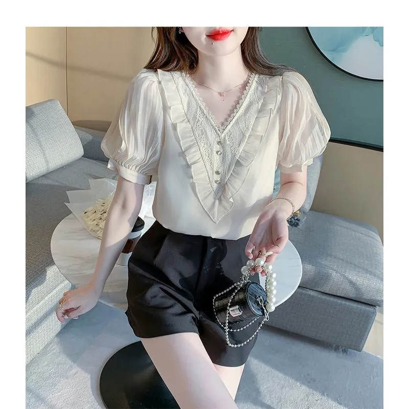 Fairy Bubble Sleeve V-Neck Chiffon Blouse