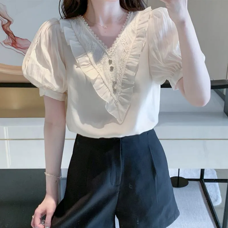 Fairy Bubble Sleeve V-Neck Chiffon Blouse