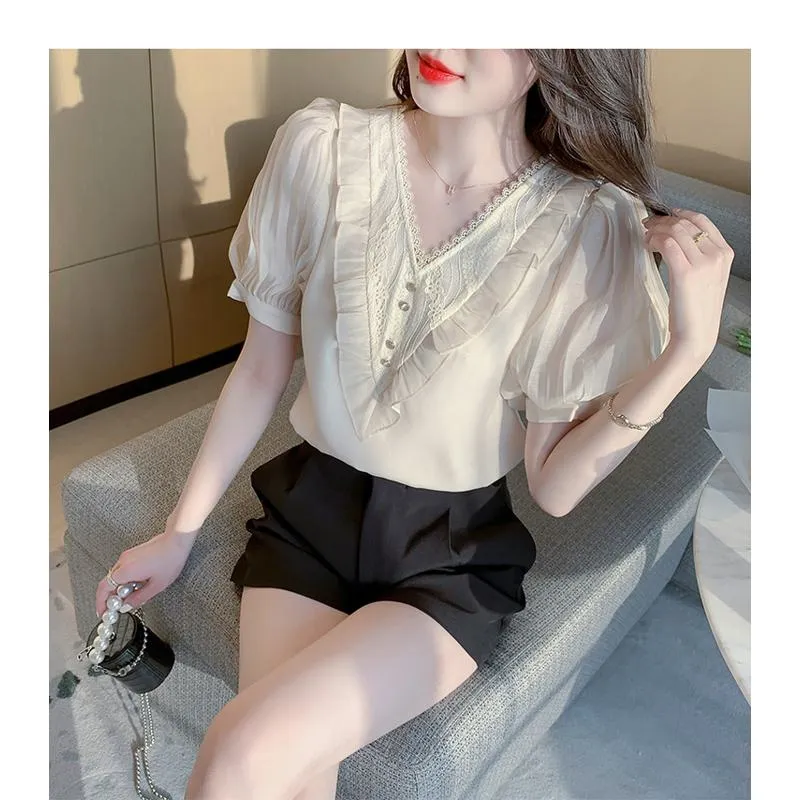 Fairy Bubble Sleeve V-Neck Chiffon Blouse