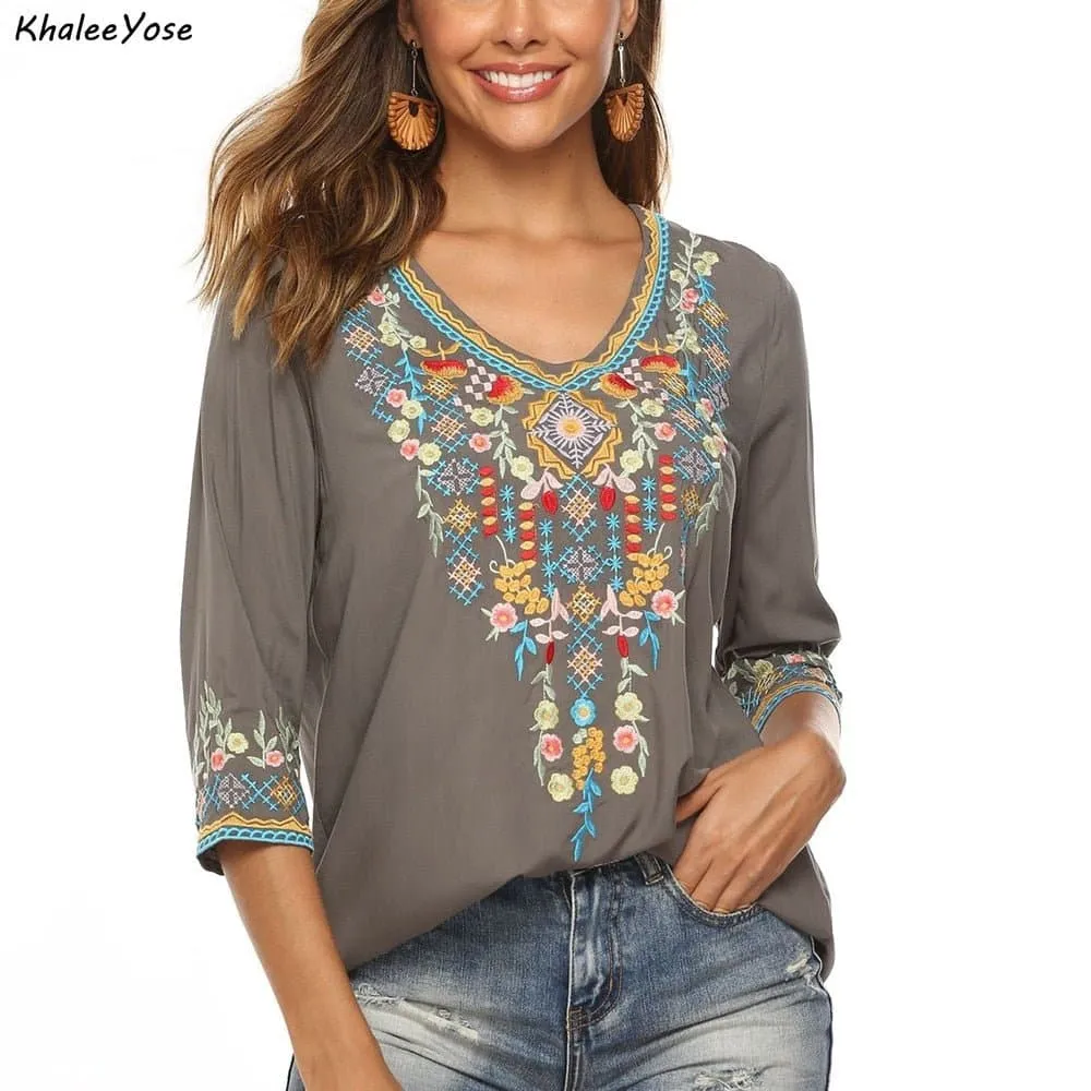 Floral Embroidery Mexican Blouse with Vibrant Floral Pattern and Stylish Design