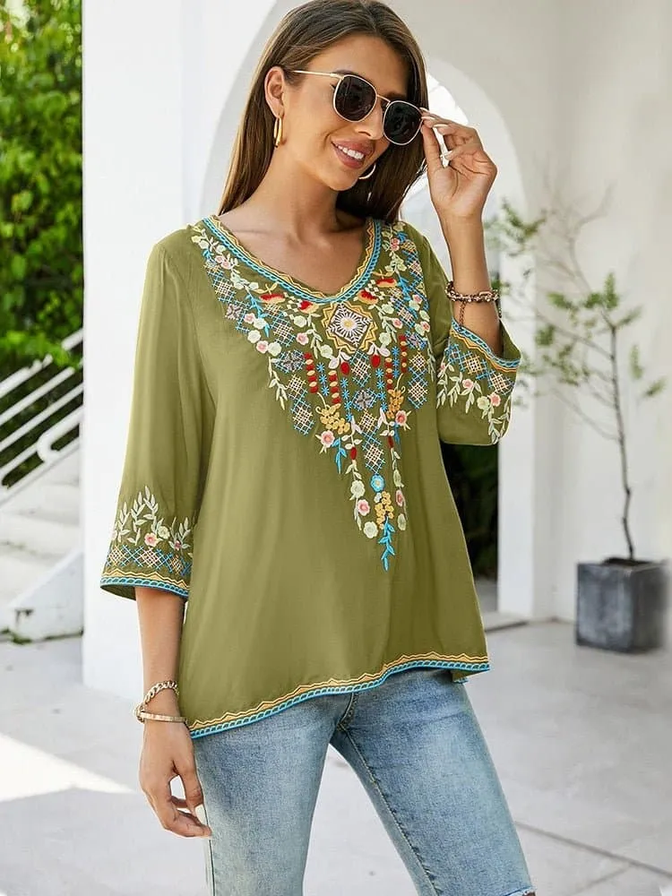 Floral Embroidery Mexican Blouse with Vibrant Floral Pattern and Stylish Design