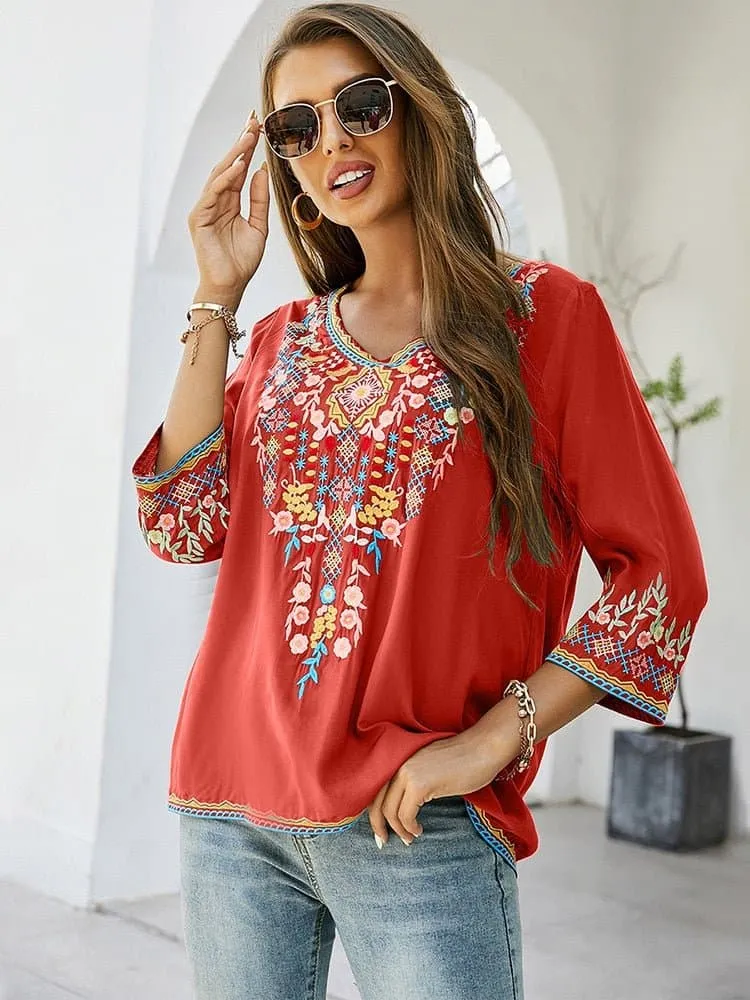 Floral Embroidery Mexican Blouse with Vibrant Floral Pattern and Stylish Design