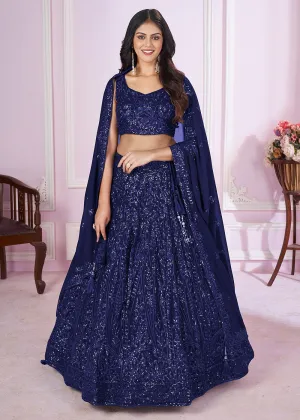 Georgette Embroidered Blue Color Reception Lehenga Choli