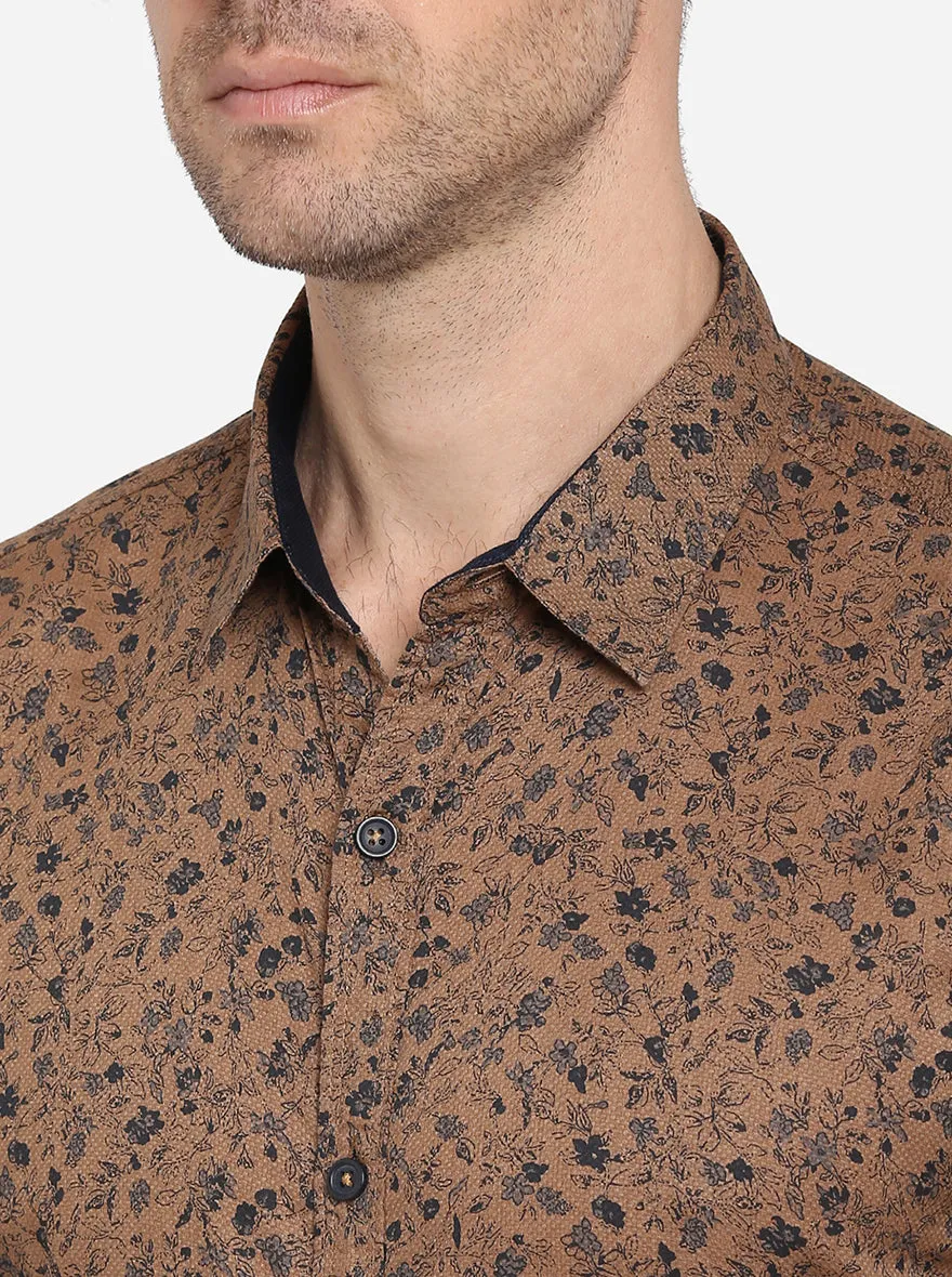 Golden Brown Printed Slim Fit Casual Shirt | Greenfibre