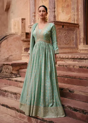 Green Pure Viscose Jacquard Silk Embroidered Designer Anarkali Suit