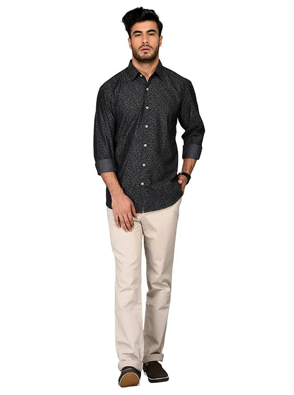 Grey & Black Printed Slim Fit Casual Shirt | JadeBlue