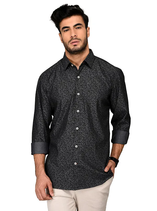 Grey & Black Printed Slim Fit Casual Shirt | JadeBlue