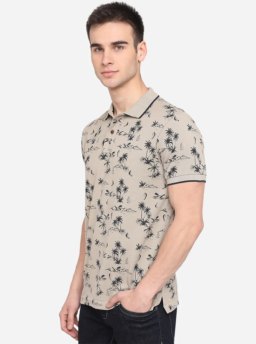 Grey Printed Slim Fit Polo T-Shirt | Greenfibre