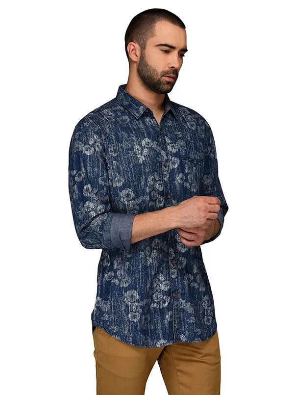 JadeBlue Navy Blue Printed Slim Fit Casual Shirt | JadeBlue