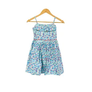 Kidscapade P. Square Neck with Ruffles Dress with Adjustable Strap and Floral Print - Aqua Blue