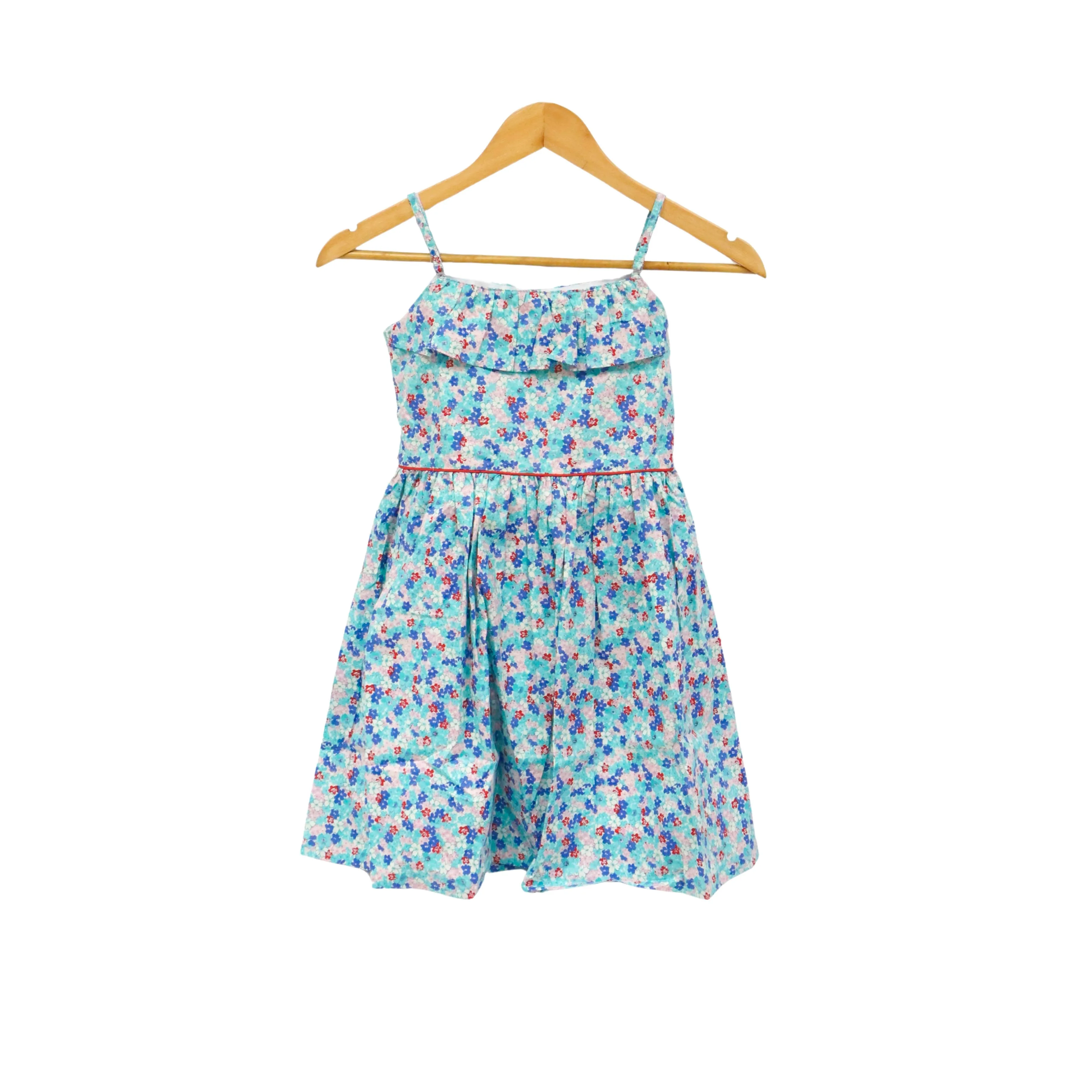 Kidscapade P. Square Neck with Ruffles Dress with Adjustable Strap and Floral Print - Aqua Blue