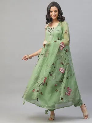 Light Green Hand Painted Floral Anarkali Kurta Pant Set With Dupatta