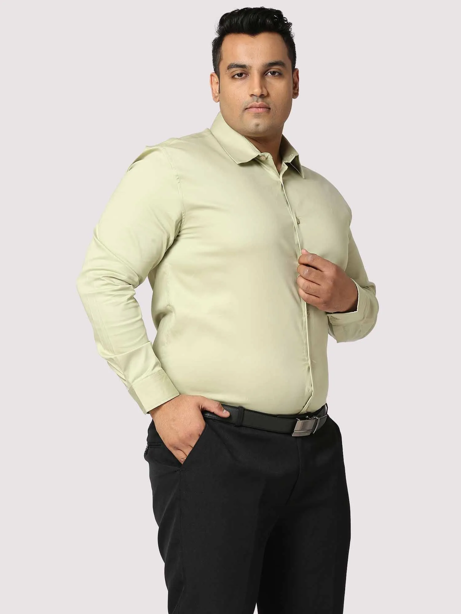 Light Green Solid Stretchable Cotton Shirt Men's Plus Size