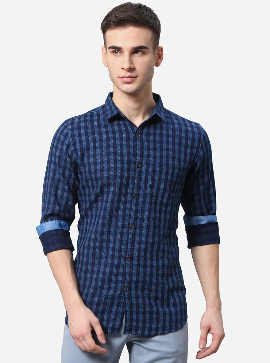 Peacock Blue Checked Slim Fit Semi Casual Shirt | JadeBlue