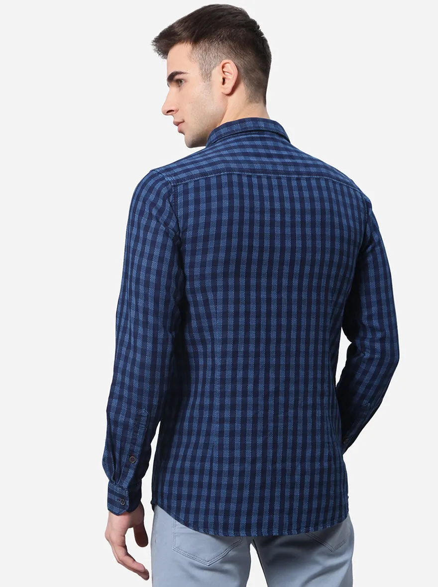 Peacock Blue Checked Slim Fit Semi Casual Shirt | JadeBlue