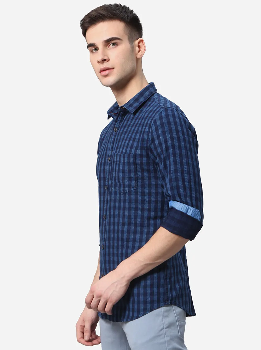 Peacock Blue Checked Slim Fit Semi Casual Shirt | JadeBlue