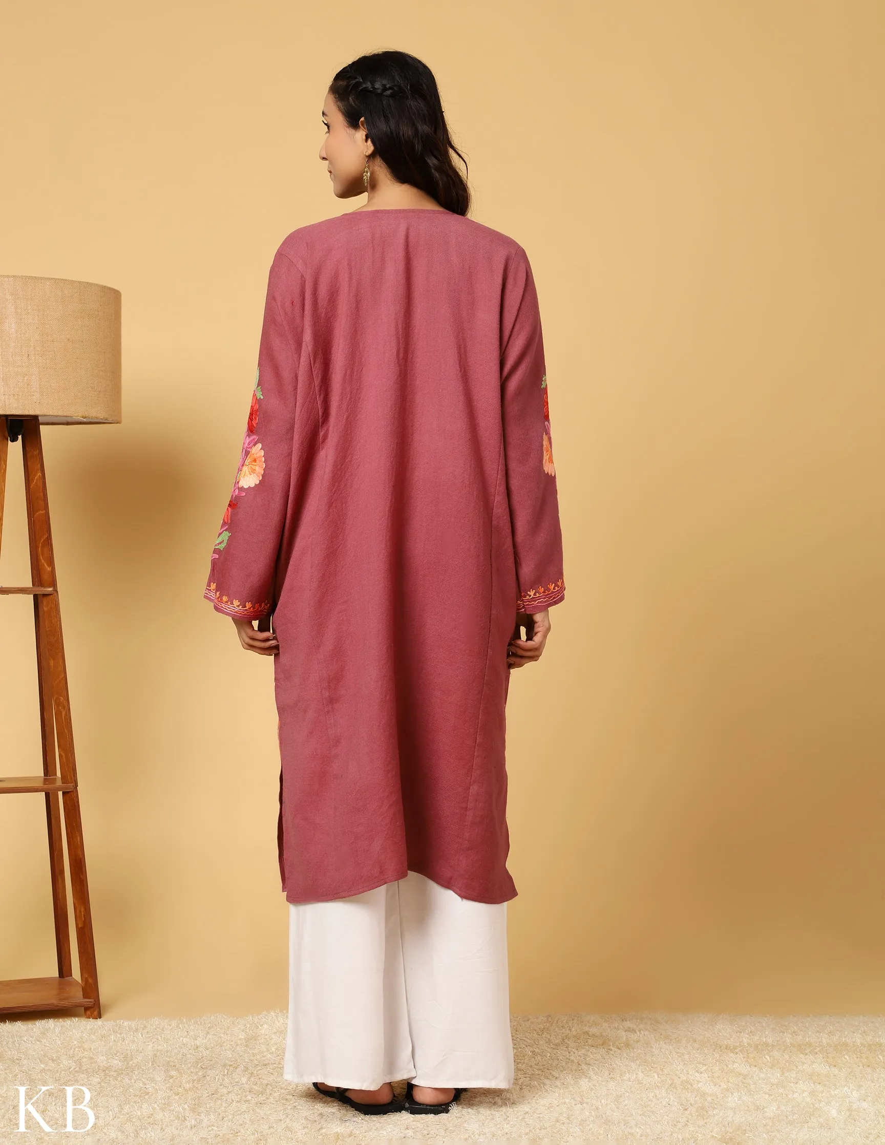 Peony Pink Aari Embroidered Pure Wool Phiran