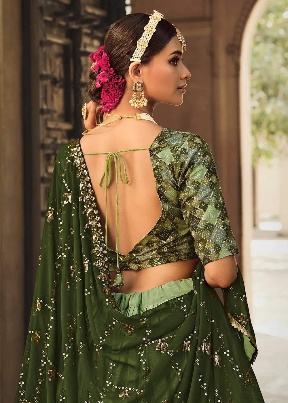 Pista Green to Olive Multi Color Sequins Festive Lehenga Choli