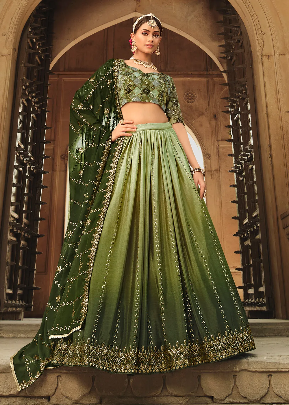 Pista Green to Olive Multi Color Sequins Festive Lehenga Choli