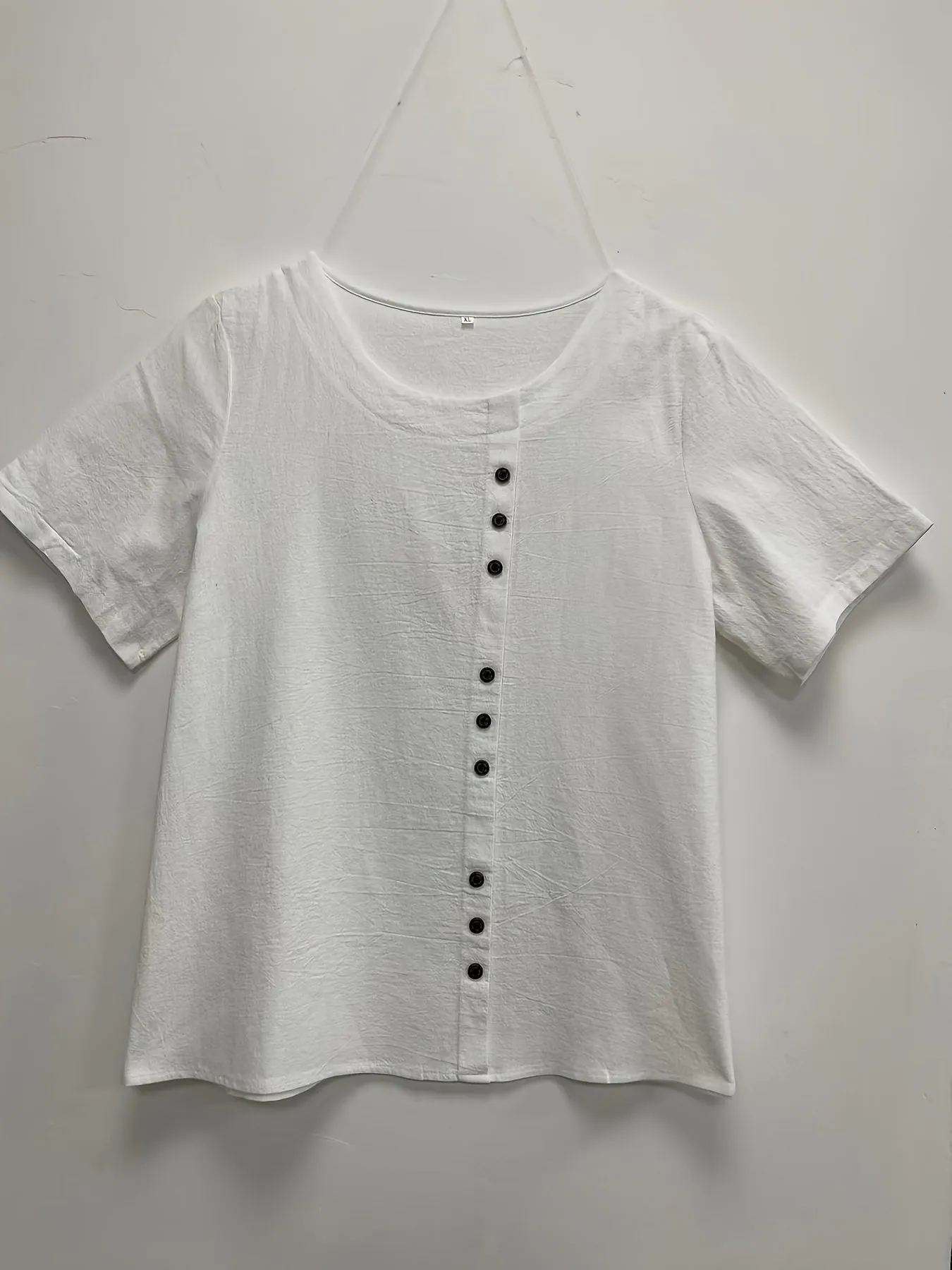 Plus Size Chic Blouse with Fashionable Button Detail - Lightweight & Casual Crew Neck Design for Summer - Perfect Short Sleeve Top for Curvy Women